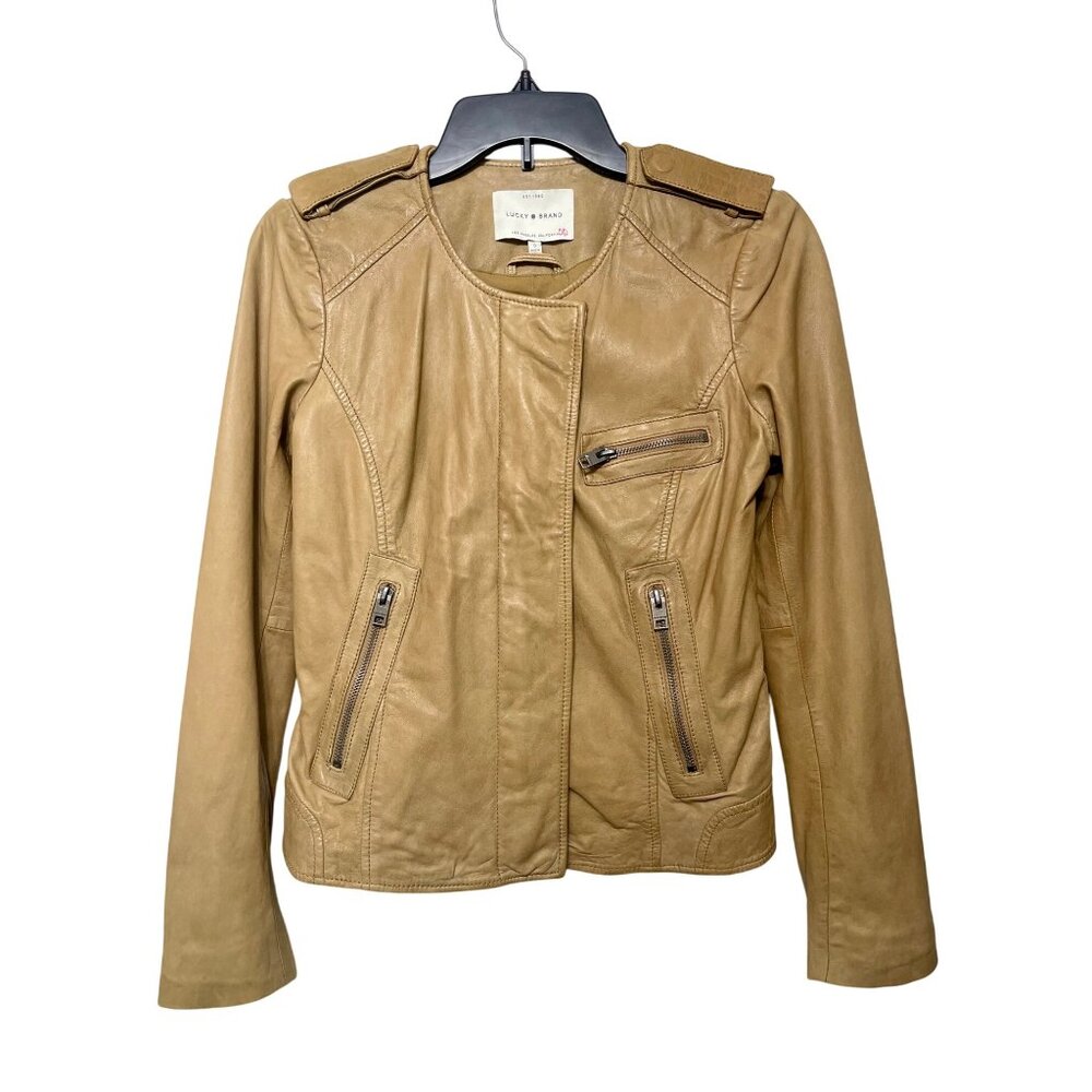 Lucky Brand Tan Leather Moto Jacket‎ W/ Zipper Details Size S